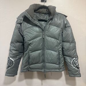 ATHLETA Jacket Womens Large Gray Puffer Down Full Zip Hooded Winter Outdoor